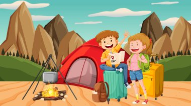 Park illüstrasyonunda kamp yapan bir turist sahnesi.