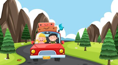 Kırsal illüstrasyonda araba kullanan insanların olduğu bir sahne