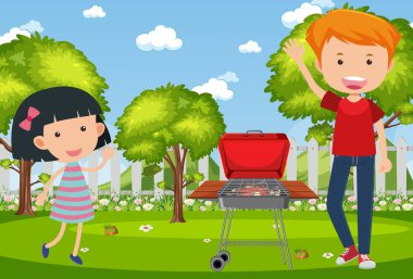 İnsanlarla arka plan sahnesi ve park resimlerinde barbekü.