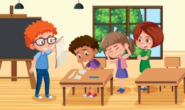 Okul illüstrasyonundaki arkadaşlarına zorbalık eden bir çocuk sahnesi