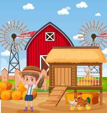 Çiftlik illüstrasyonunda küçük kız ve tavukların olduğu sahne