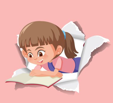 Pembe kağıt illüstrasyonu üzerine kitap okuyan bir kızla arka plan şablonu tasarımı
