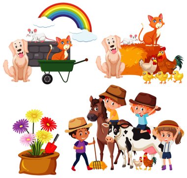 Beyaz arkaplanda çocuklar ve çiftlik hayvanları