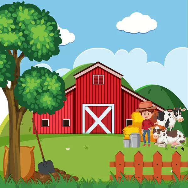 Αγροτική Σκηνή Αγρότη Και Αγελάδες Από Την Απεικόνιση Αχυρώνα — Διανυσματικό Αρχείο