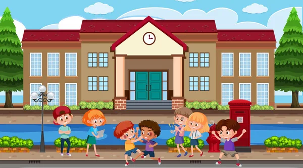 Escena Con Niños Acosando Amigo Escuela Ilustración — Vector de stock