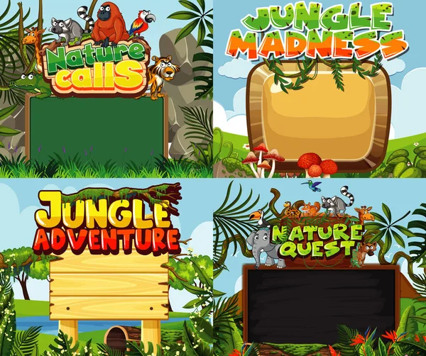 Quatre Modèles Bordure Avec Illustration Fond Jungle — Image vectorielle