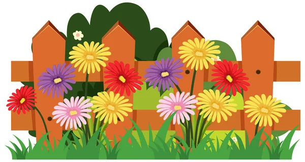 庭のイラストでカラフルな花のシーン — ストックベクタ