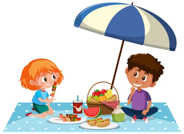 白い背景のイラストでピクニックをしている2人の子供 — ストックベクタ