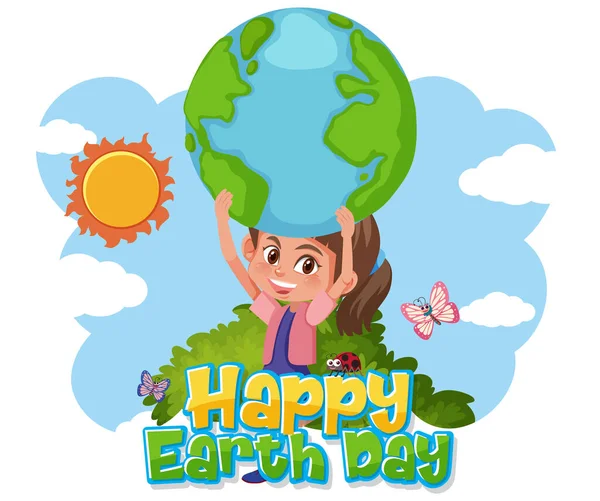 Plakat Projekt Szczęśliwy Dzień Ziemi Szczęśliwą Dziewczyną Trzymając Ilustrację Ziemi — Wektor stockowy