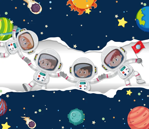 Scéna Mnoha Astronauty Pozadí Prostoru Ilustrace — Stockový vektor