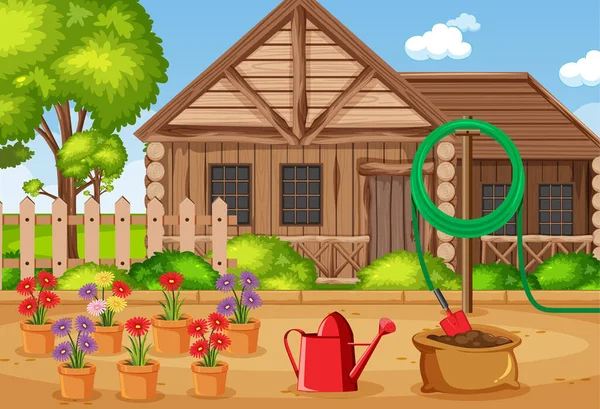 Escena Fondo Con Casa Madera Flores Jardín Ilustración — Vector de stock