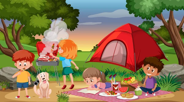 Szene Mit Glücklichen Kindern Beim Zelten Und Picknick Park Illustration — Stockvektor