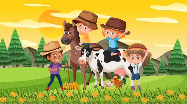 Cena Com Crianças Felizes Com Cavalo Vaca Parque Ilustração —  Vetores de Stock