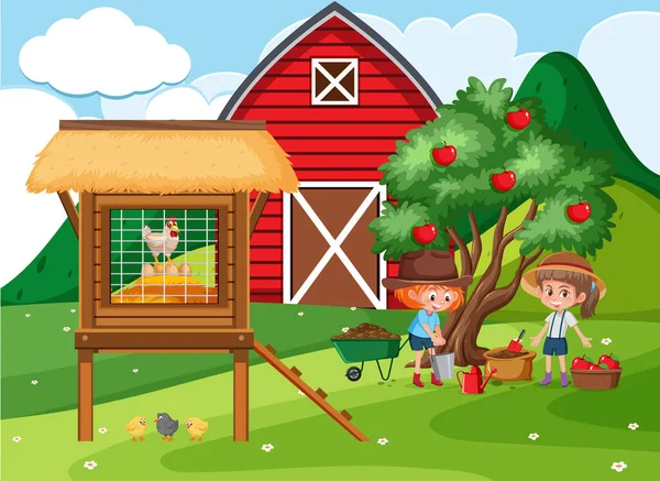 Granja Escena Con Niñas Recogiendo Manzanas Jardín Ilustración — Vector de stock