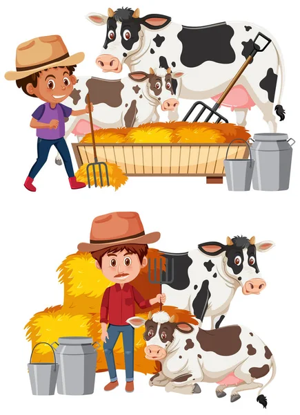 白人背景图上的农民和奶牛 — 图库矢量图片