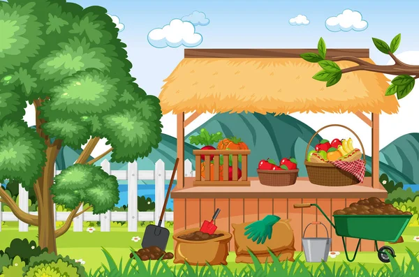 Escena Con Frutas Verduras Parque Ilustración — Vector de stock