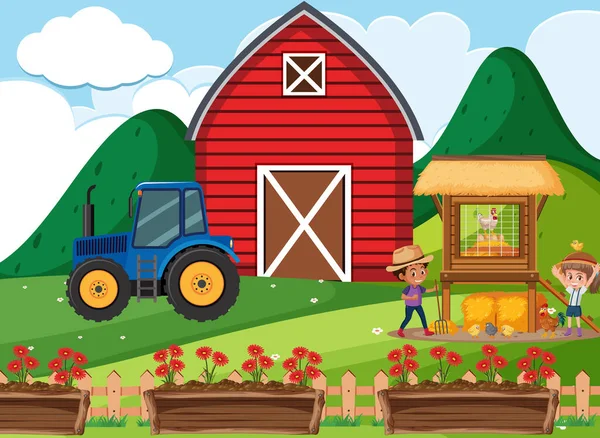 Farmářská Scéna Dětmi Pracujícími Farmě Ilustrace — Stockový vektor