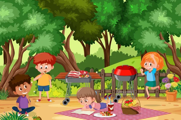 Cena Fundo Com Crianças Felizes Comendo Parque Ilustração — Vetor de Stock