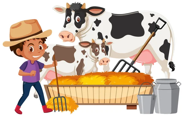 Farmboy Utfodring Kor Vit Bakgrund Illustration — Stock vektor