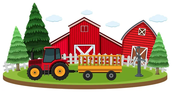 Escena Con Tractor Graneros Granja Ilustración — Archivo Imágenes Vectoriales