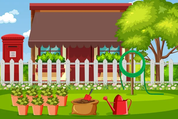 Cena Fundo Com Casa Flores Jardim Ilustração —  Vetores de Stock