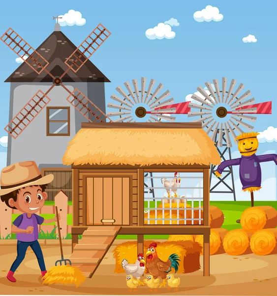 Scene Farmboy Feeding Chickens Farm Illustration — Stock Vector