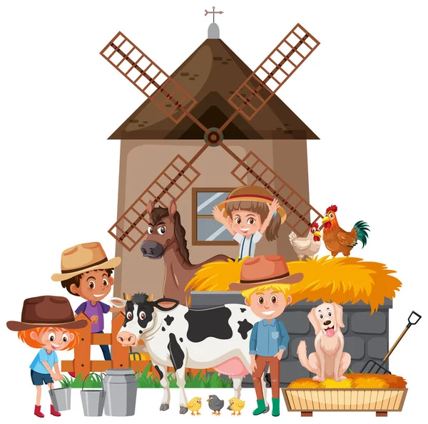 Escena Con Los Agricultores Muchos Animales Ilustración — Vector de stock