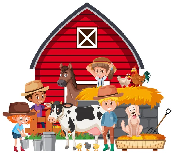 Escena Con Los Agricultores Muchos Animales Granja Ilustración — Vector de stock