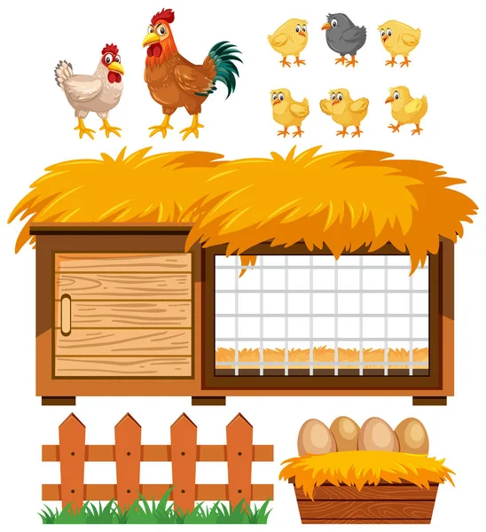 Chicken Coop Many Chickens White Background Illustration — Stock Vector