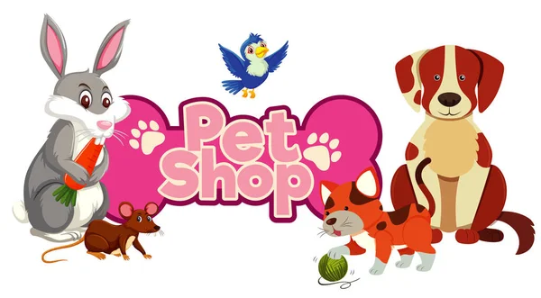 Font Design Pet Shop Many Cute Animals Illustration — Stock Vector