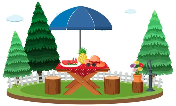 Picknick Szene Mit Essen Auf Dem Tisch Illustration — Stockvektor