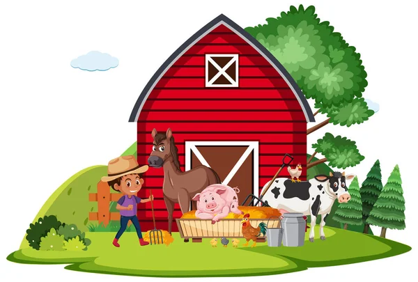 Granja Escena Con Granjero Muchos Animales Granja Ilustración — Vector de stock