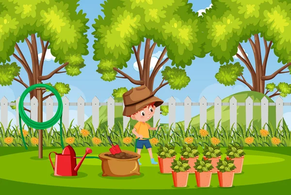 Scène Fond Avec Garçon Plantant Des Arbres Dans Parc Illustration — Image vectorielle