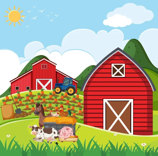 Bauernhofszene Mit Vielen Tieren Auf Dem Hof Illustration — Stockvektor
