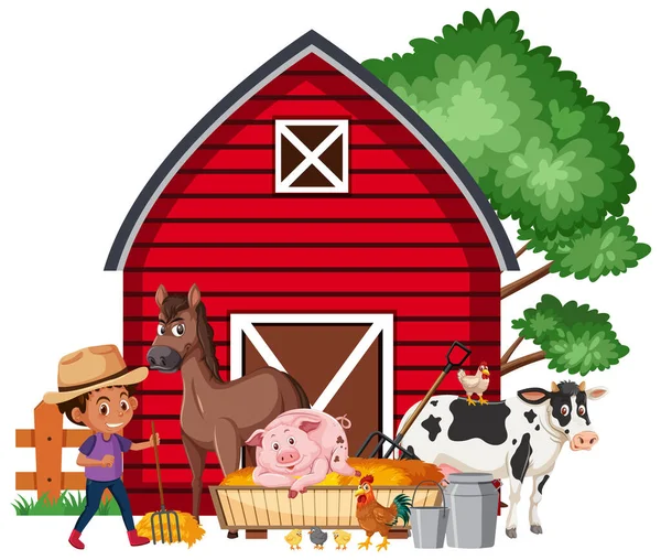 Cena Com Menino Muitos Animais Fazenda Ilustração Fazenda — Vetor de Stock