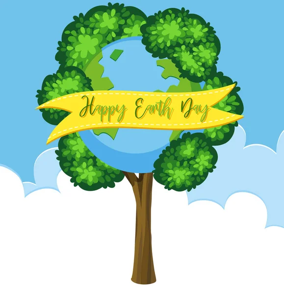 Projeto Feliz Cartaz Dia Terra Com Ilustração Verde Grande Árvore —  Vetores de Stock