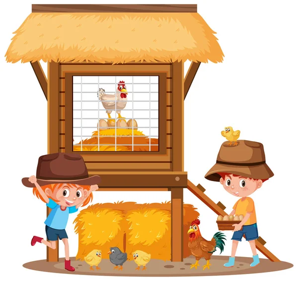 Two Children Chickens Farm Illustration — Stock Vector