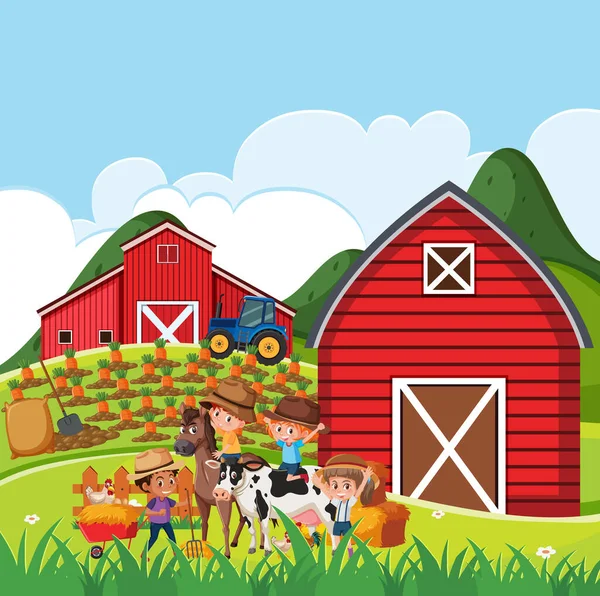 Farm Scene Many Children Animals Farm Illustration — Stock Vector