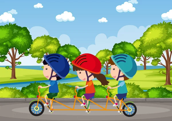 公園のイラストで自転車に乗っている子供たちとの背景シーン — ストックベクタ