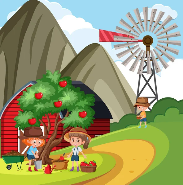 Granja Escena Con Feliz Niños Recogiendo Manzanas Granja Ilustración — Vector de stock