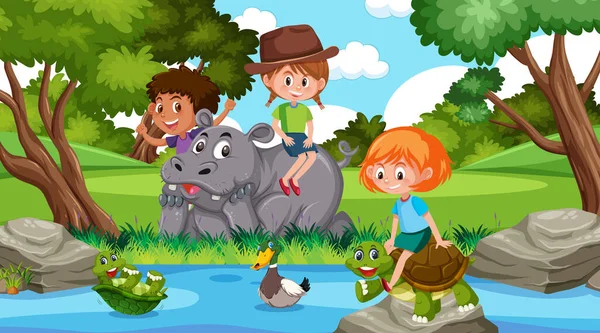 Escena Con Niños Felices Animales Parque Ilustración — Archivo Imágenes Vectoriales