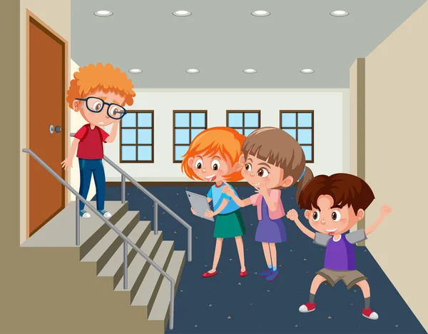 Escena Con Niños Acosando Amigo Escuela Ilustración — Vector de stock