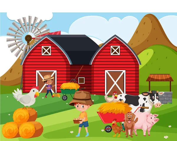 Farm Jelenet Boldog Gyerekek Állatok Gazdaságban Illusztráció — Stock Vector