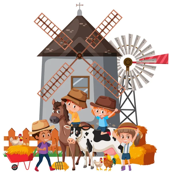 Escena Con Muchos Niños Animales Granja Ilustración — Vector de stock