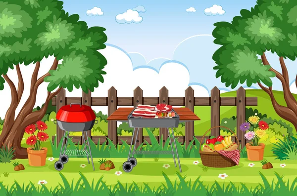 Scena Sfondo Con Barbecue Nel Parco Illustrazione — Vettoriale Stock