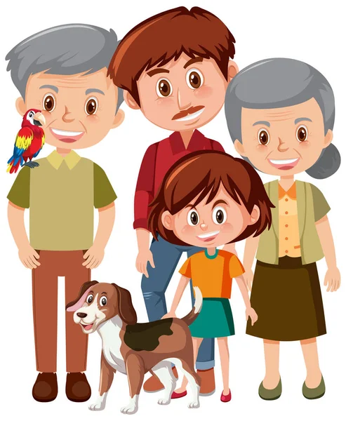 Miembros Familia Con Abuelos Ilustración Infantil — Archivo Imágenes Vectoriales