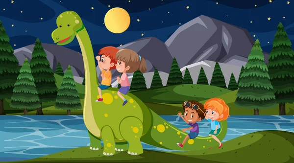 Cena Com Crianças Felizes Montando Dinossauro Parque Noite Ilustração —  Vetores de Stock