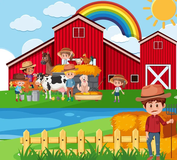 Escena Granja Con Agricultores Niños Granja Ilustración — Vector de stock