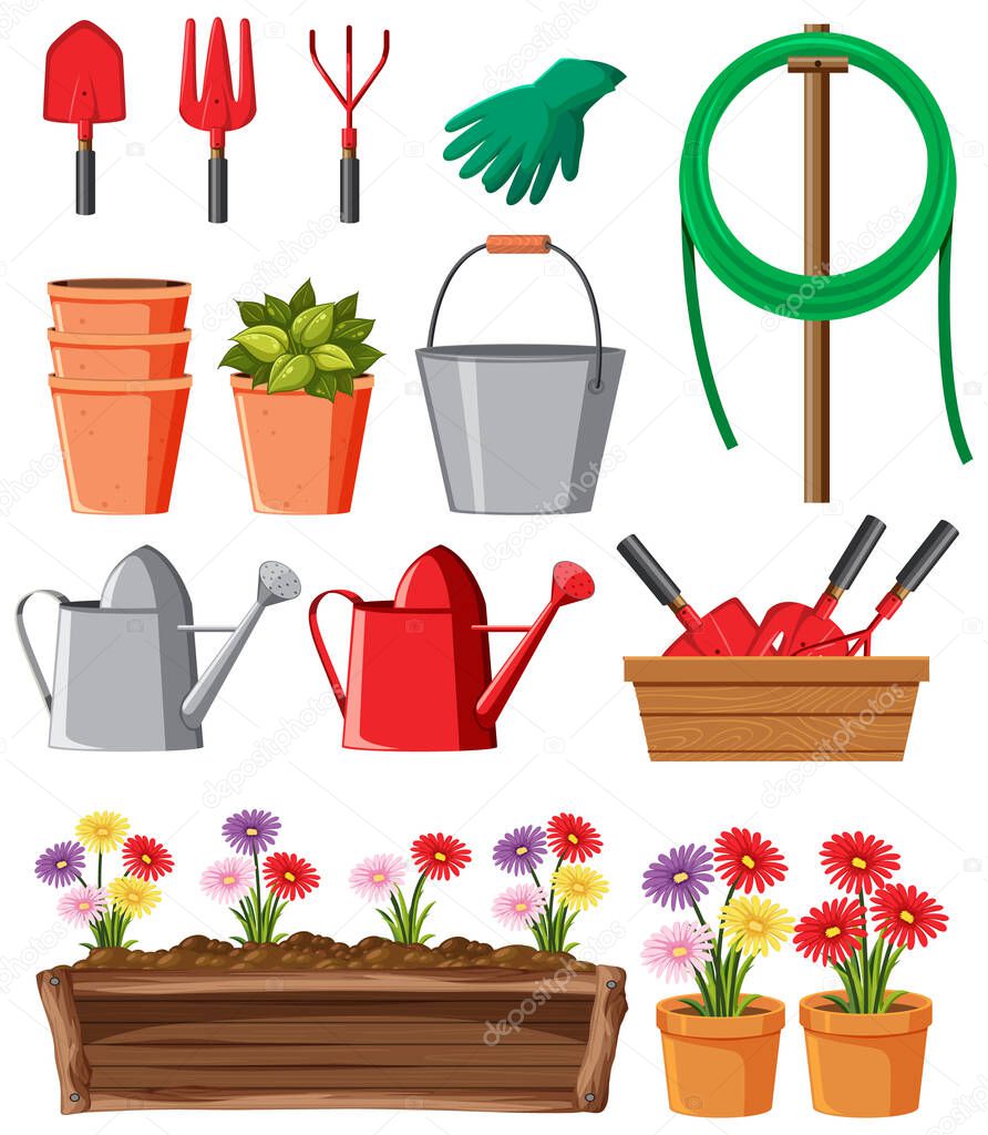 Gardening set with equipments and flowers illustration