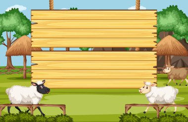 Çiftlik illüstrasyonunda bir sürü koyun olan ahşap tabela şablonu